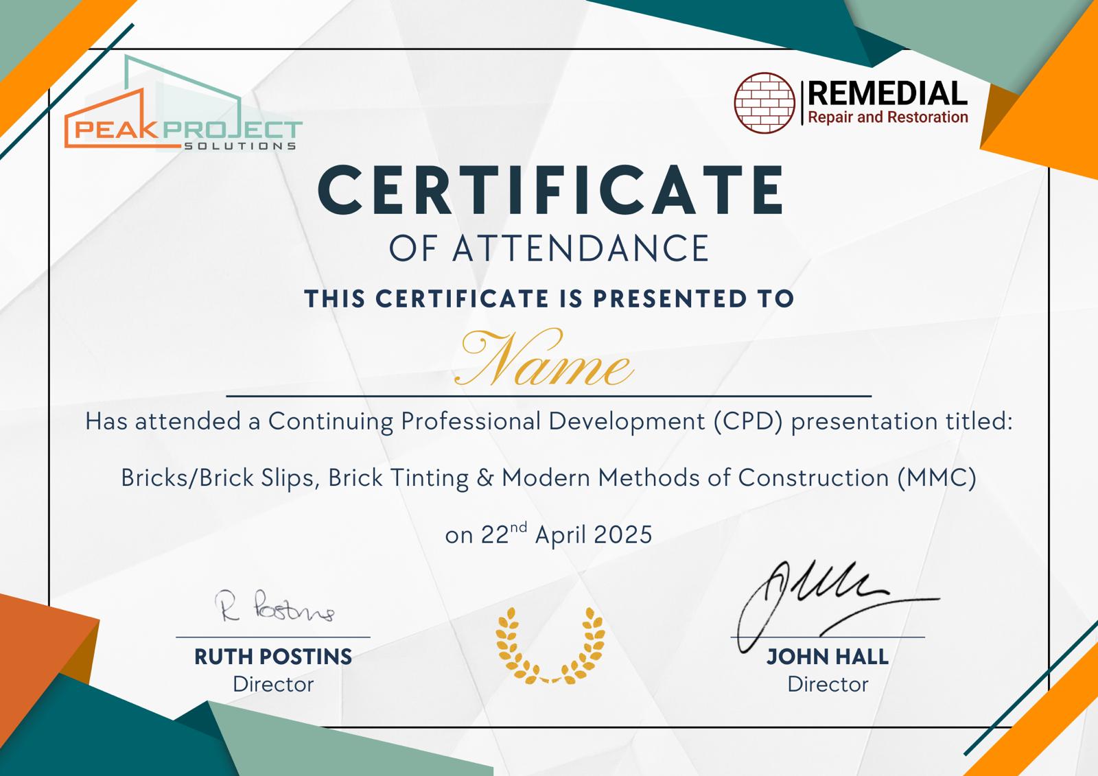 CPD Sessions for Architects Example Certificate