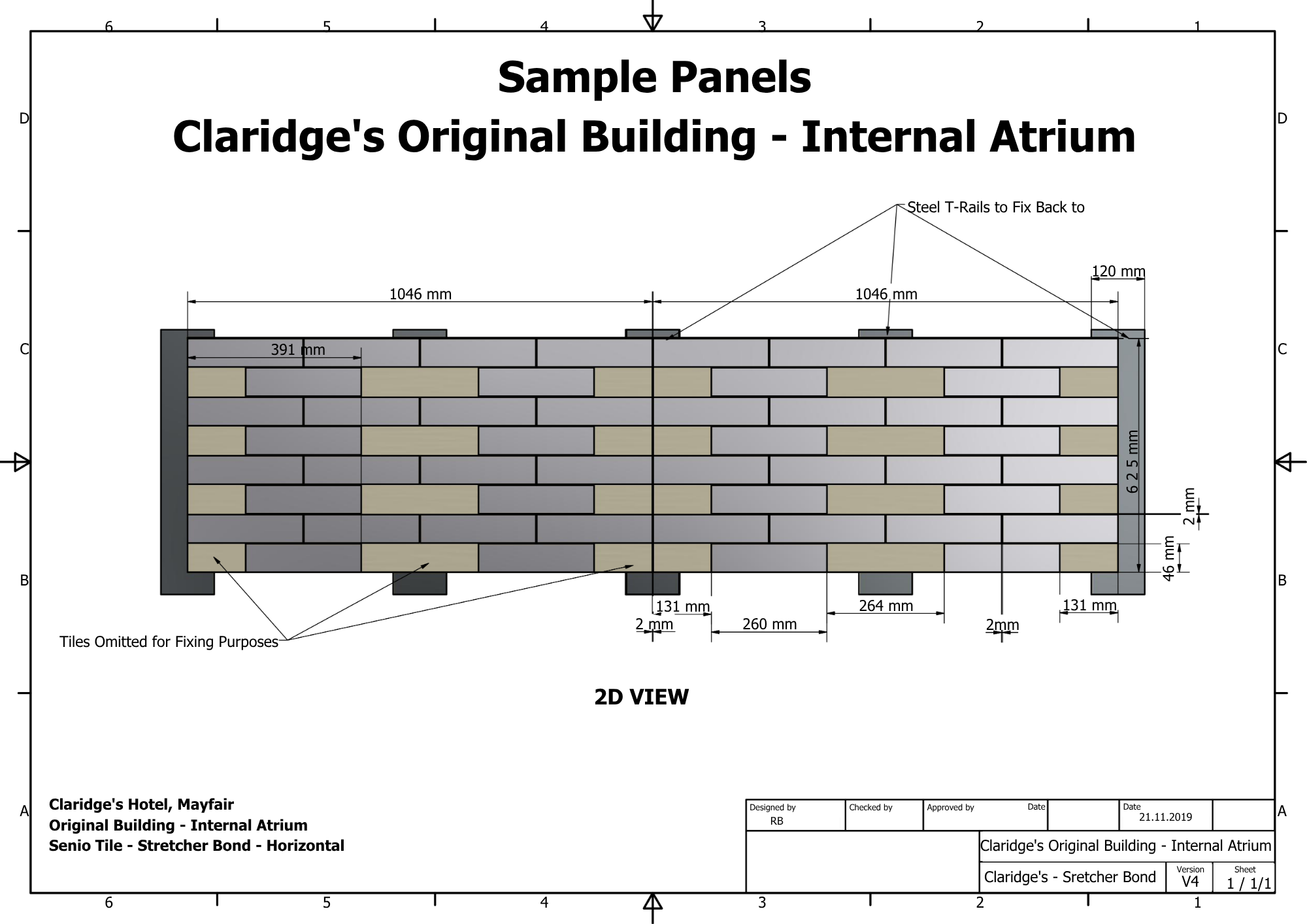 Technical Drawing of a panel of tiles and steel subframe for an internal atrium at Claridge's, London