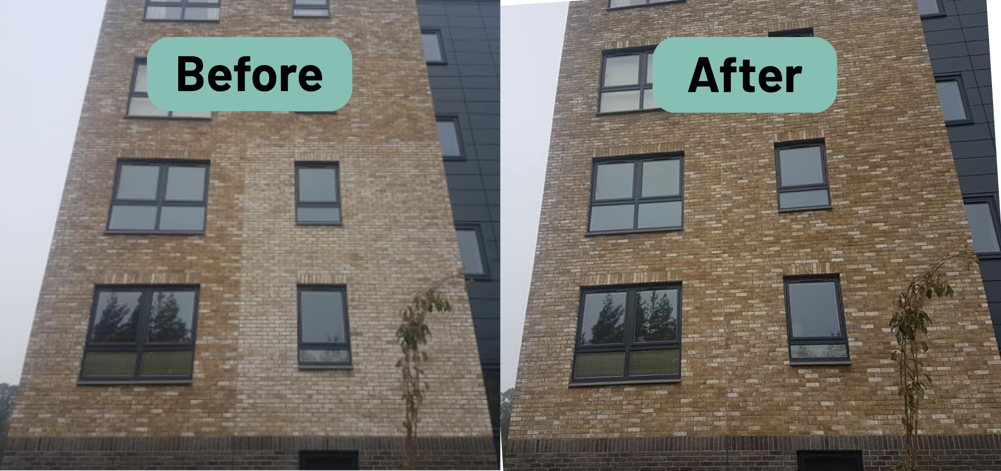 Block of flats with badly blended bricks on the left photo and with the bricks tinted to blend in on the right photo