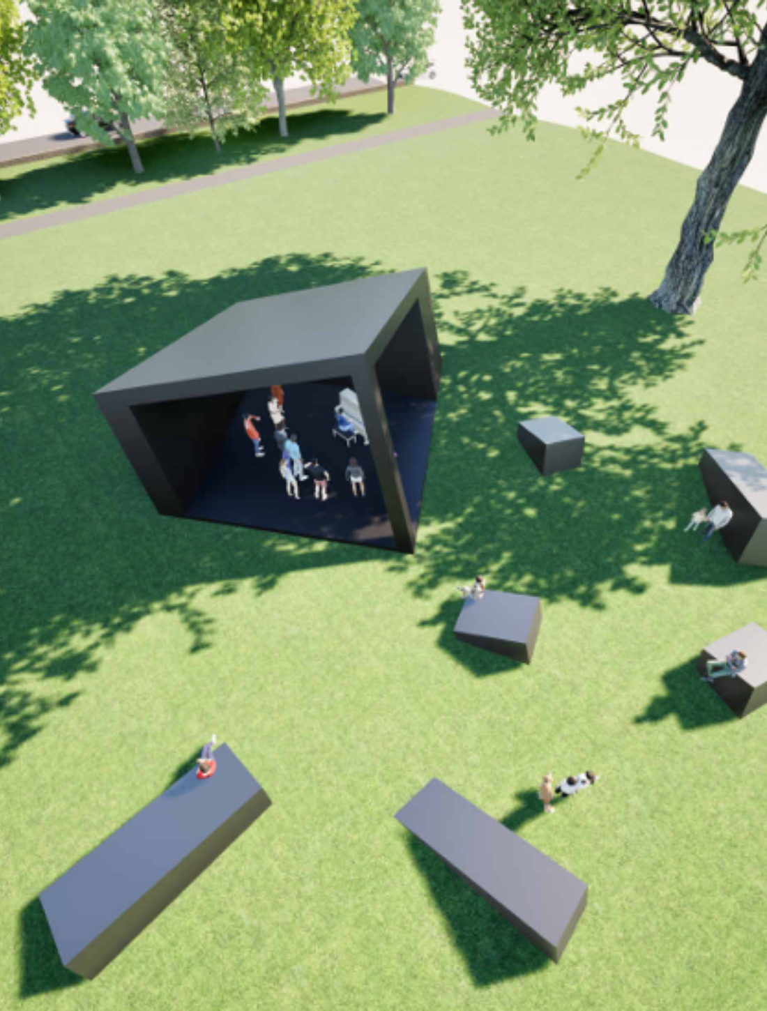 Projects - Bandstand CGI of proposed Bandstand - a square modern structure with blocks for seating scattered around it