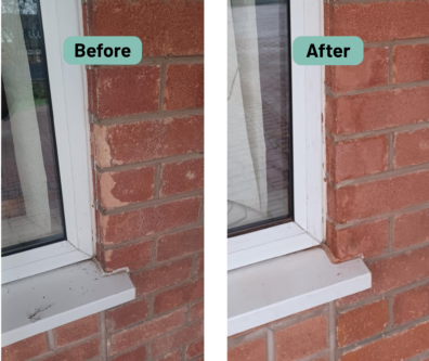 Photo of a bricks needing repair around a window and afterwards having being repaired