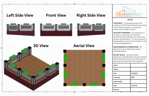 Drawing - Decking & Balustrades 3D Technical drawing showing various angles of decking, balustrades and planters.