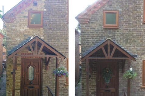 Hemel Hempstead Tinting 1 Photos of a house with dark and light bricks on the left and then all blended in the same after tinting